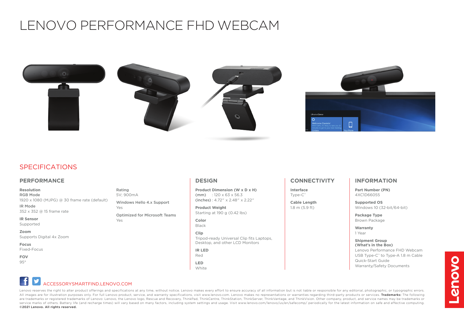 Lenovoパフォーマンス FHD Webカメラの商品写真とIRセンサーの仕様