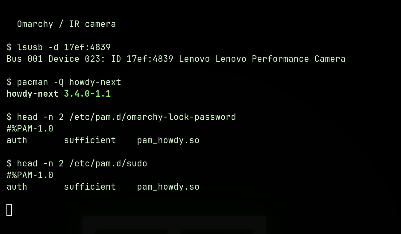 接続中のLenovoカメラ、howdy-nextのバージョン、PAM設定を確認した端末画面